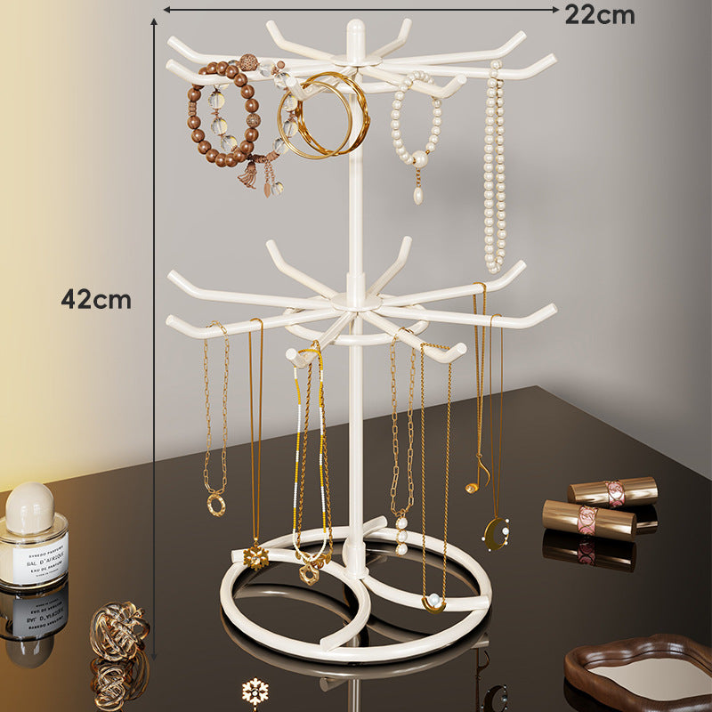 Tiered Rotating Jewelry Organizer Tree Stand with Multi-Arm Hooks and Ring Dish