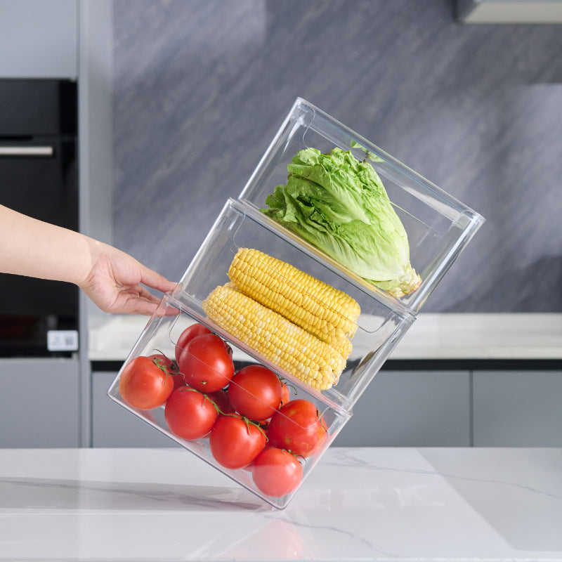 Transparent stackable storage compartment made of shatterproof acrylic with grip cutouts