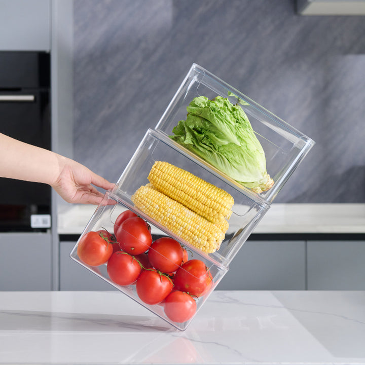 Transparent stackable storage compartment made of shatterproof acrylic with grip cutouts