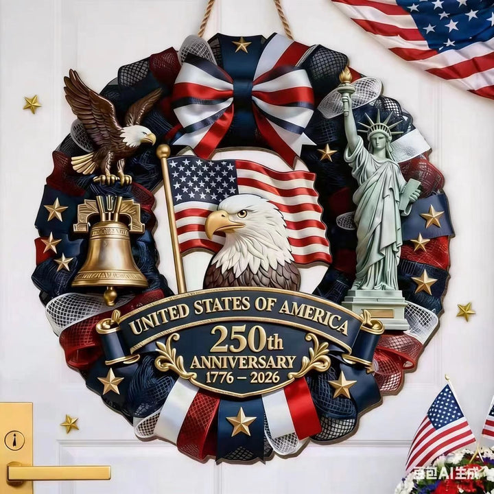 Independence Day patriotic front door wreath with Eagle Statue of Liberty and Liberty Bell accents Kalsten
