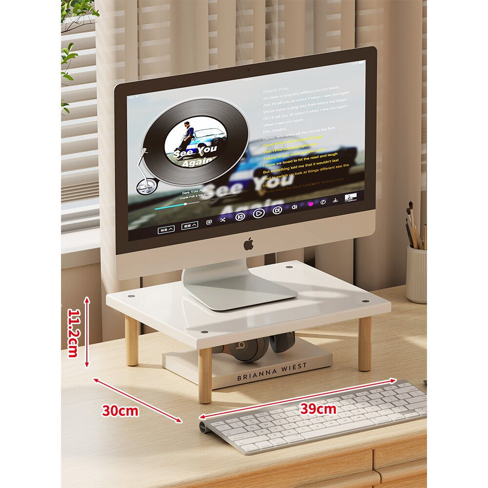 Compact Elevated Monitor Riser Stand with Wooden Legs and Under-Storage