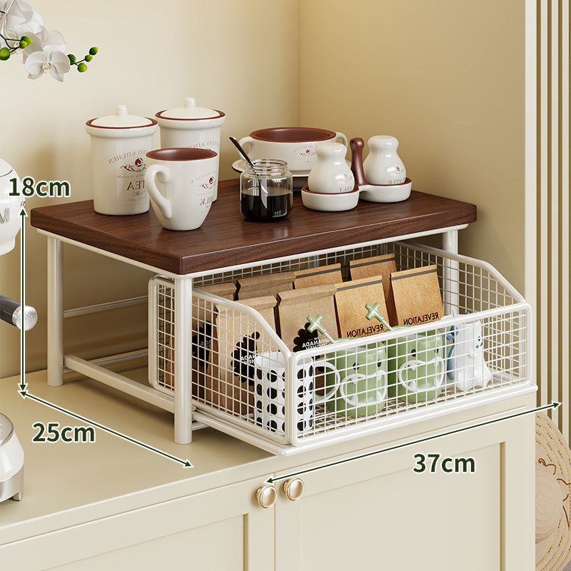 Countertop Wooden Top Metal Storage Rack with Sliding Wire Basket