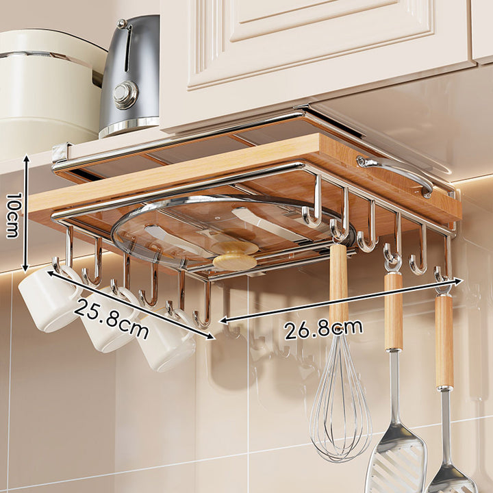 Under-Cabinet Bamboo Shelf with Multi-Hook Mug, Lid and Utensil Organizer