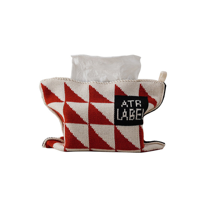 Knitted tissue box cover with geometric wave pattern
