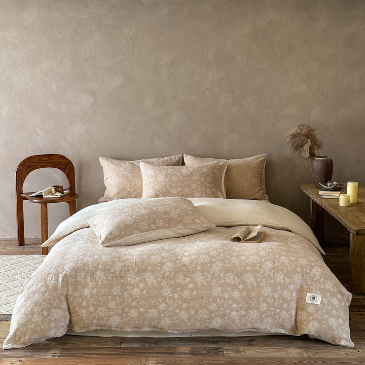Luxurious cotton-linen bedding set with a lightweight quilted texture and floral jacquard