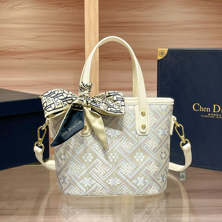 Elegant Handheld Tote Bag with Decorative Scarf