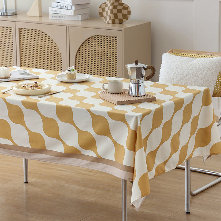 Wipeable Rectangular Table Runner with Geometric Wave Pattern and Contrast Edge