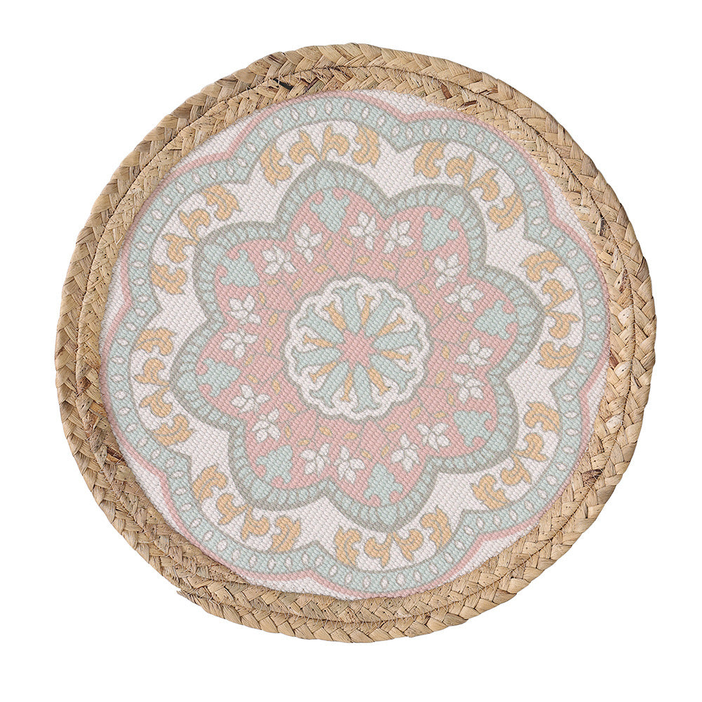 Beef seat pouf with mandala print, woven surface and braided jute edge