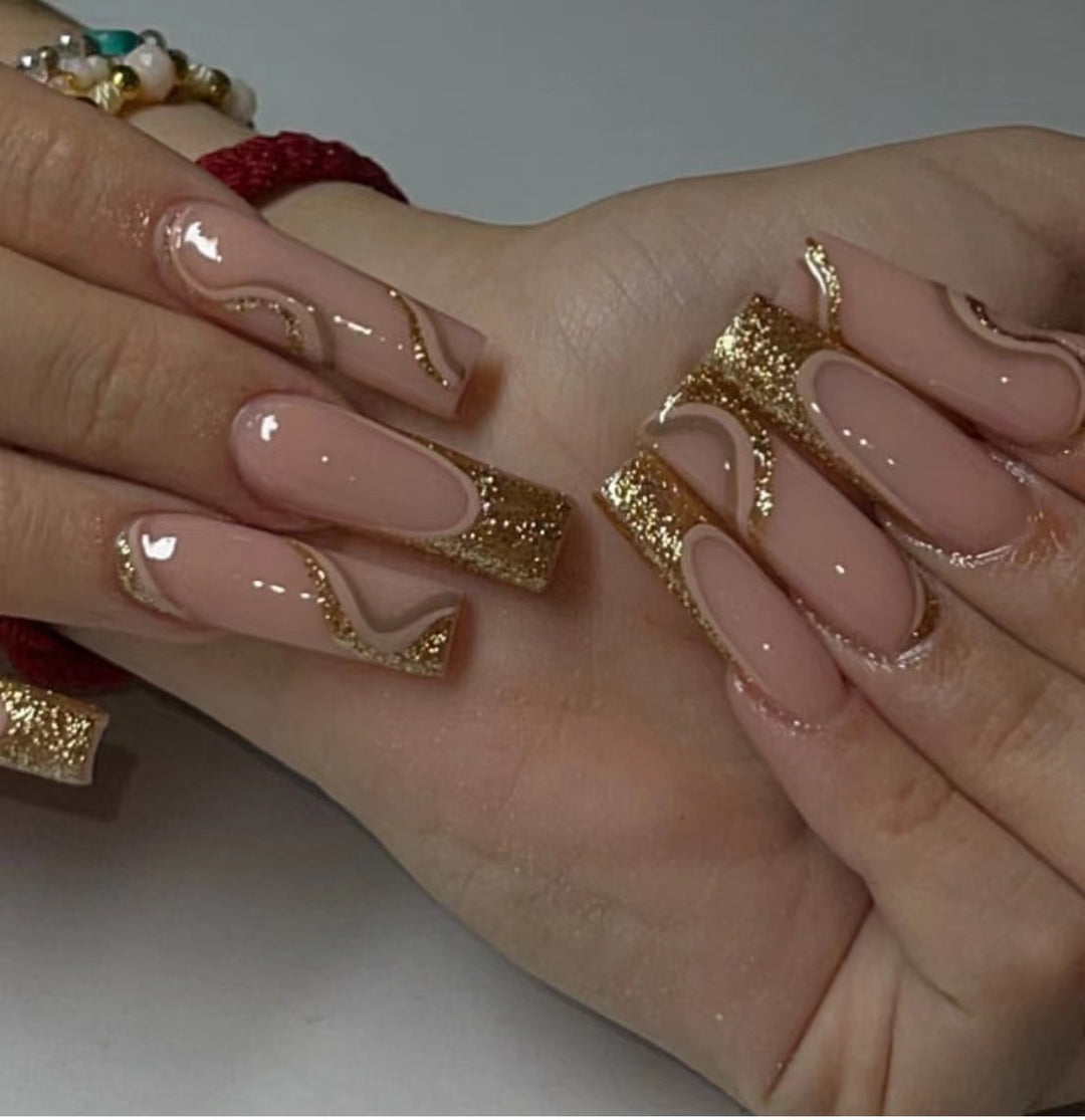Decorative Long Press-On Nails with Gold Accents Kalsten