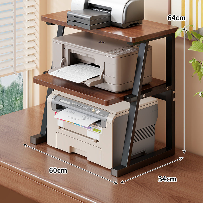 Adjustable Two-Tier Wood-Top Metal-Frame Desktop Printer Stand with Cable Management