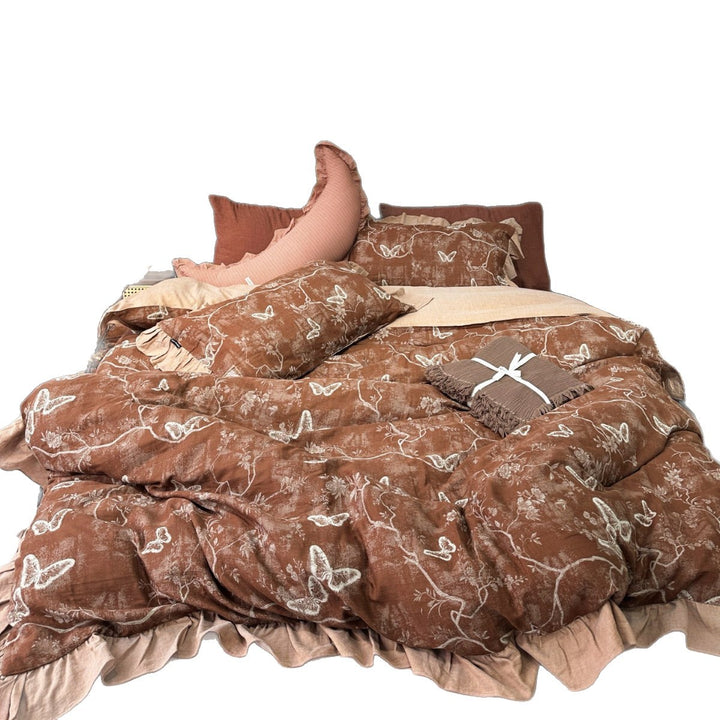 Bedding set with butterfly motif and ruffle edge in linen look