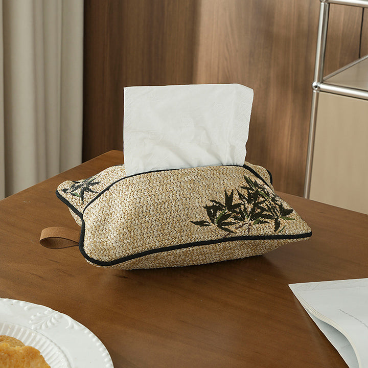 Woven tissue box cover in straw look with embroidered flower motif Kalsten