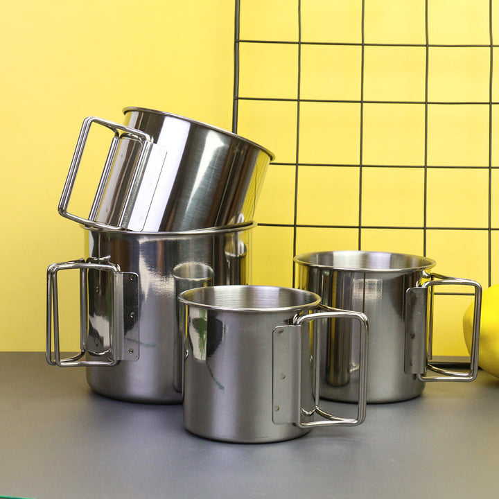 stainless steel nesting camping mug set with fold-flat handles and rolled rims Kalsten