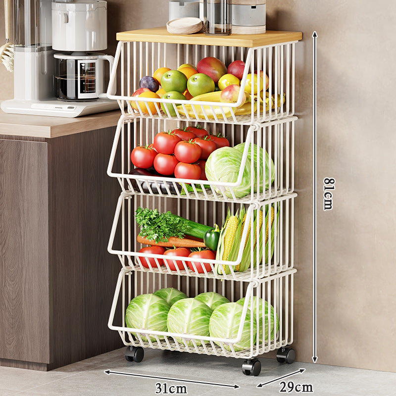 Slim Vertical Rolling Wire Produce and Pantry Organizer Cart with Wood Top