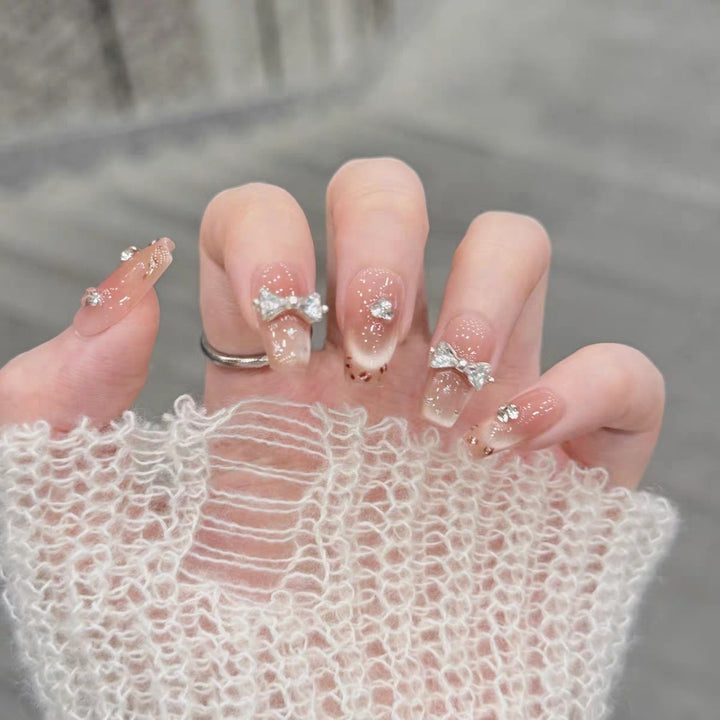 Decorative Press-On Nail Set with Bow Embellishments