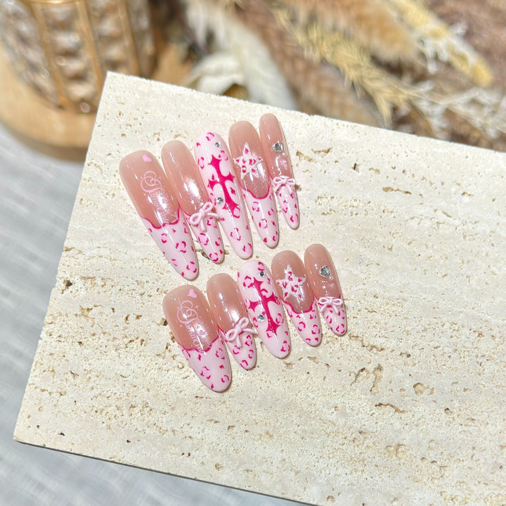 Artistic Stiletto Press-On Nail Set with Heart and Bow Design Kalsten