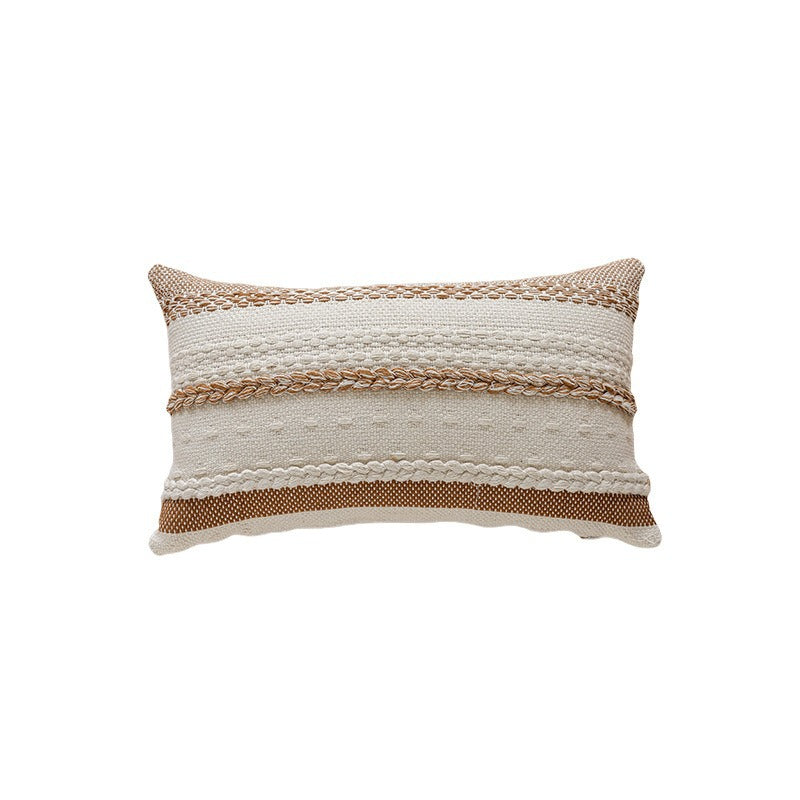 Woven Cotton Textured Lumbar Throw Pillow Cover with Braided Stripe Embellishments