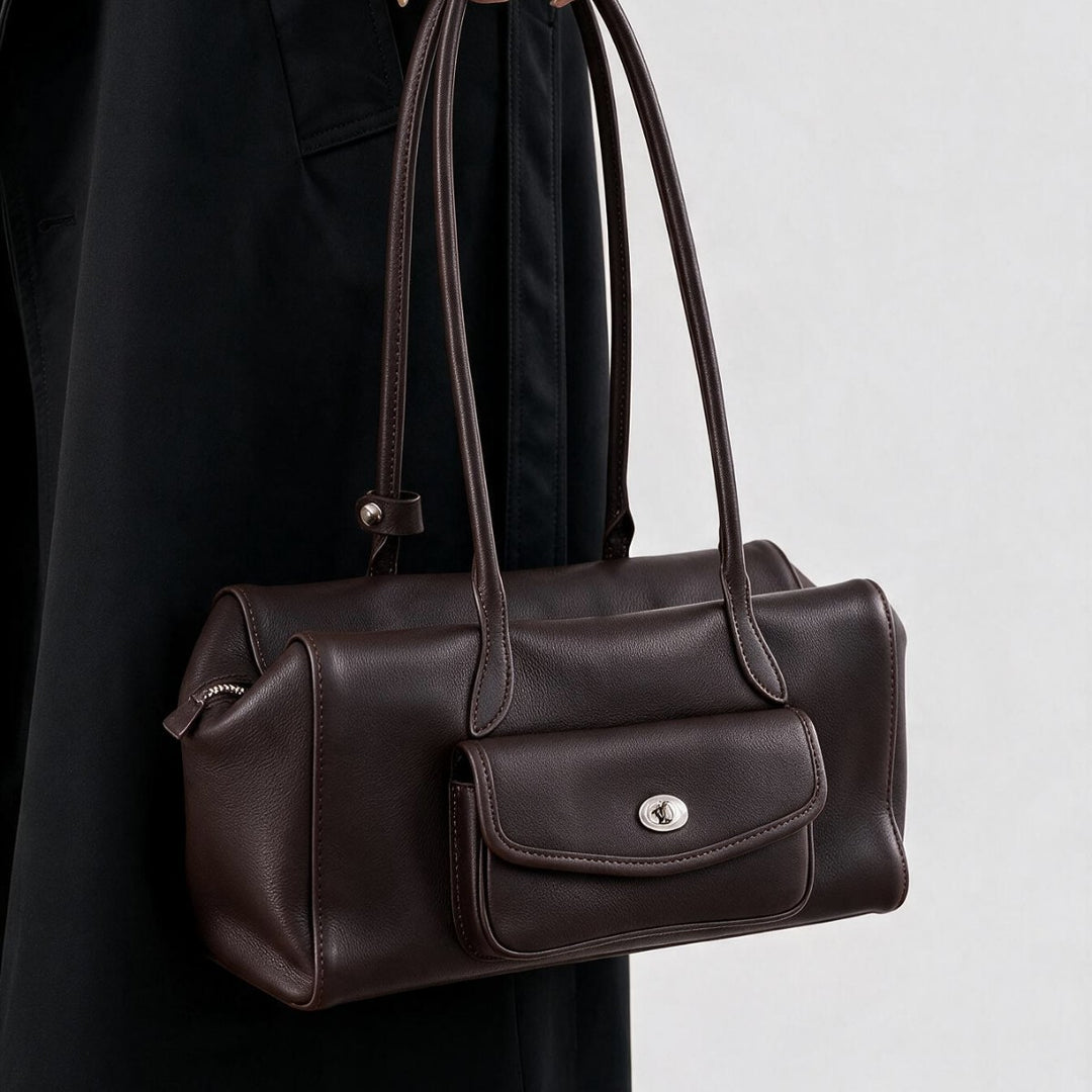 Structured Barrel Tote with Front Turn-Lock Pocket and Double Shoulder Straps