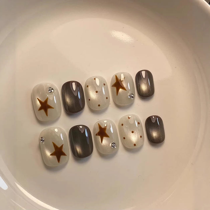 Artistic Press-On Nail Set with Star and Polka Dot Designs