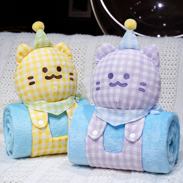 Cozy baby fleece blanket with plush cat head, carrying strap, and roll function