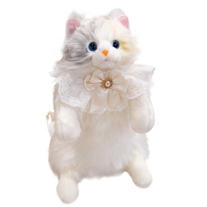 Plush Sitting Cat Decorative Doll with Lace Ruffle Collar & Jeweled Bow Kalsten