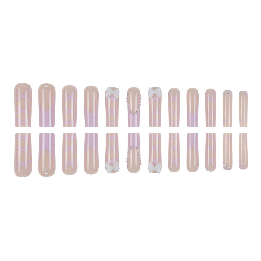 Elegant Bow-Embellished Long Press-On Nails Kalsten
