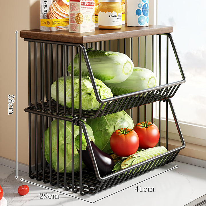 Countertop Wooden Top Metal Wire Fruit and Vegetable Storage Rack