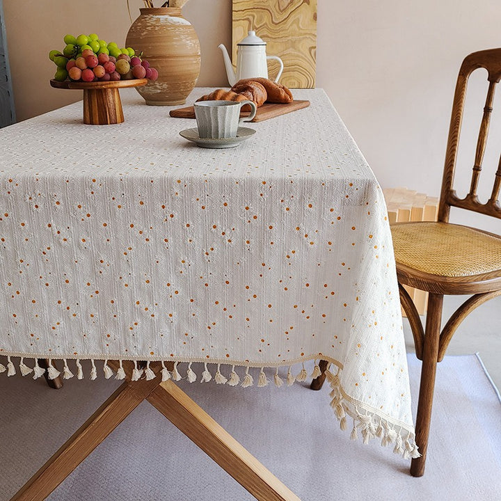Rectangular Linen-Blend Tassel-Trim Dining Tablecloth with Scattered Dot Embroidery