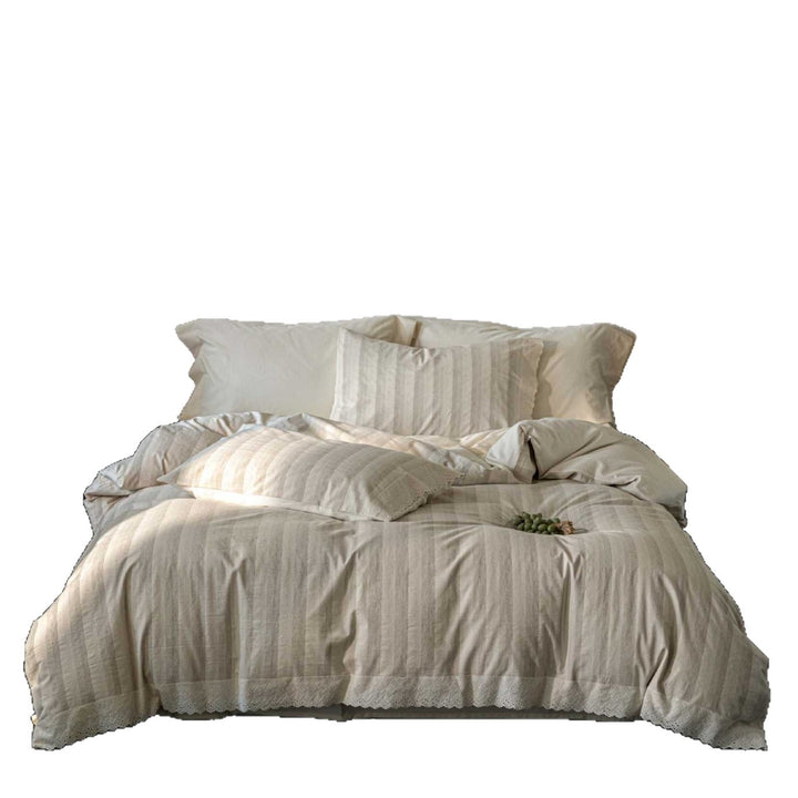 Bedding set with polka dot dobby texture and eyelet embroidery frill