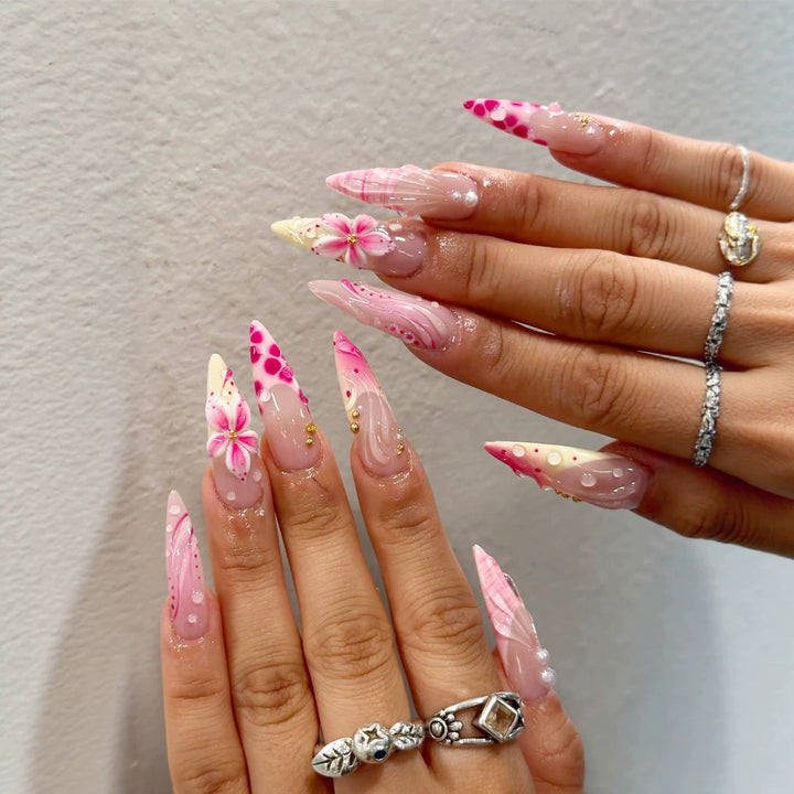 Floral Stiletto Press-On Nail Set with Artistic Design Kalsten