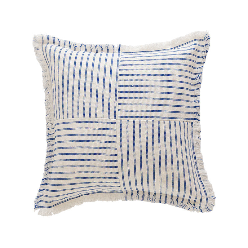 Decorative Rectangular Striped Patchwork Throw Pillow with Fringed Edges
