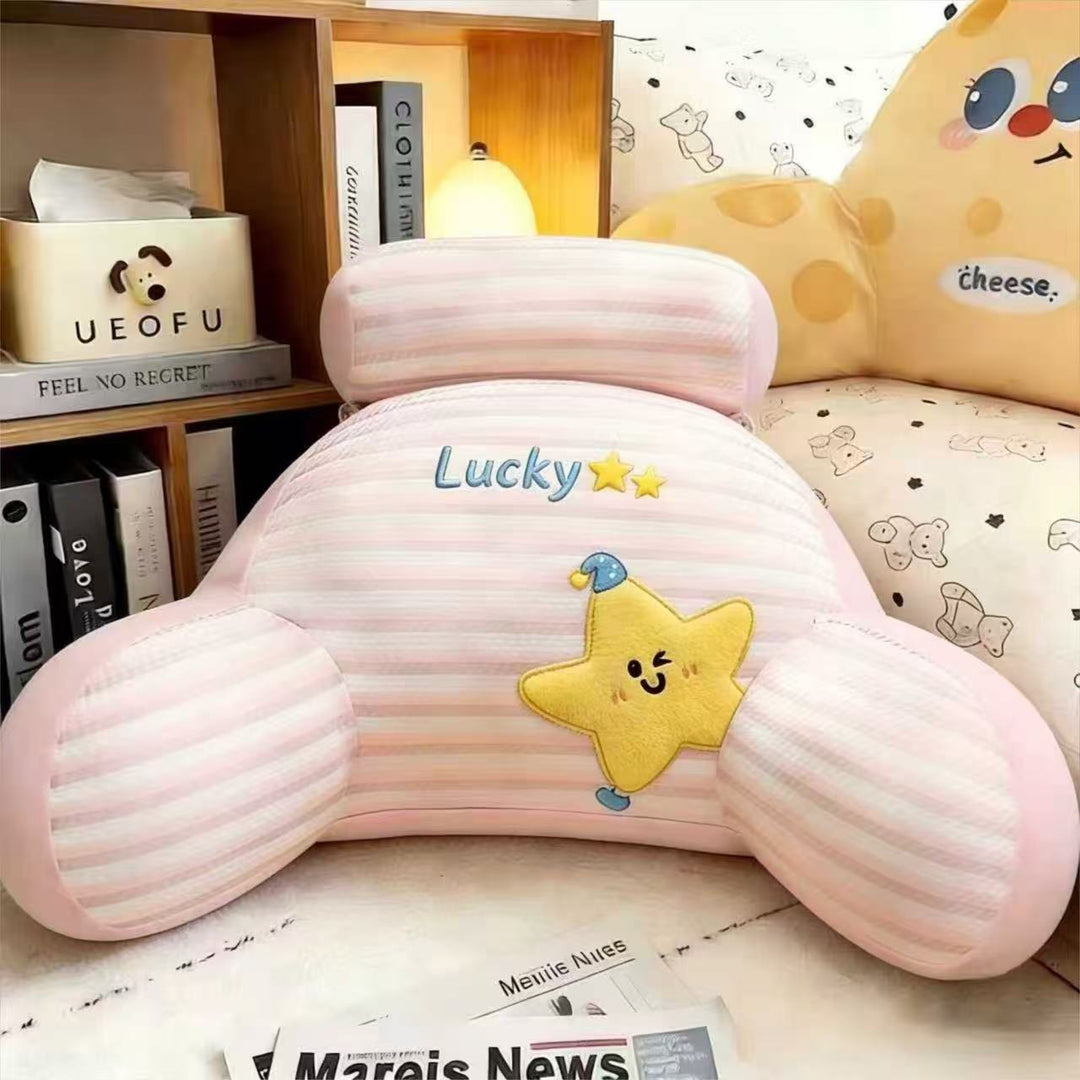 Padded reading pillow with neck roll and armrests made of plush