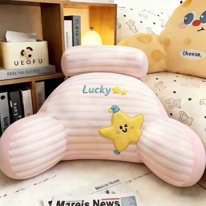 Padded reading pillow with neck roll and armrests made of plush
