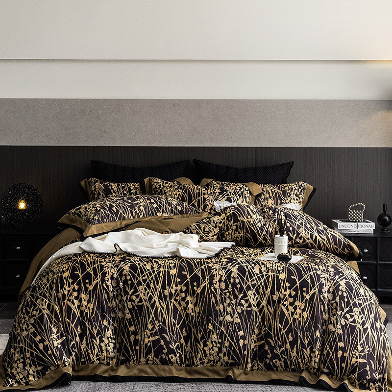 Luxurious bedding set made of cotton satin with delicate grass print and satin hem