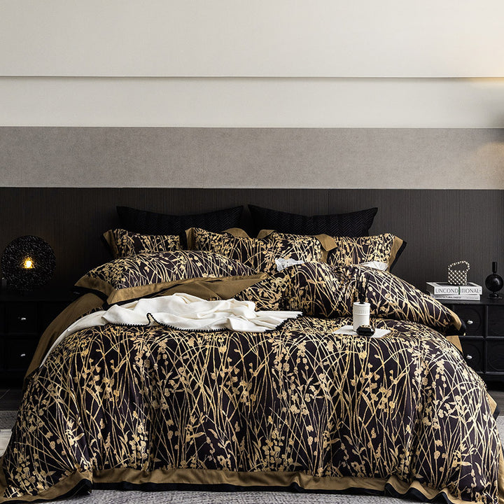 Luxurious bedding set made of cotton satin with delicate grass print and satin hem