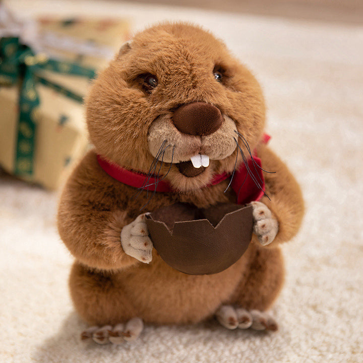 Plush Beaver Collectible Cuddle Toy with Walnut Prop, Red Scarf & Embroidered Details Kalsten
