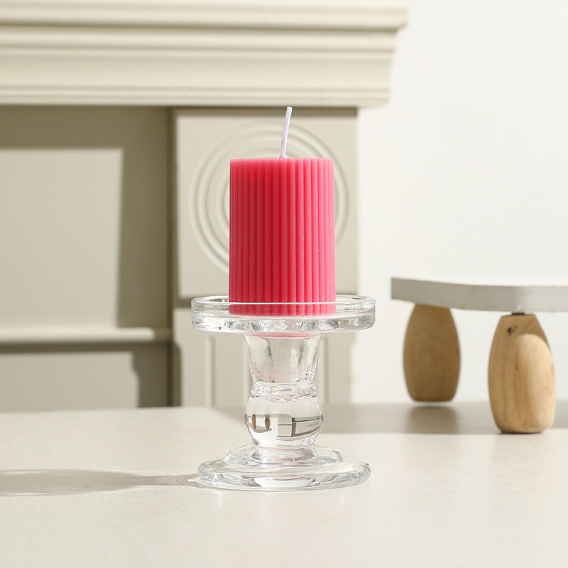 Ribbed Column Pillar Candle with Glass Pedestal Holder