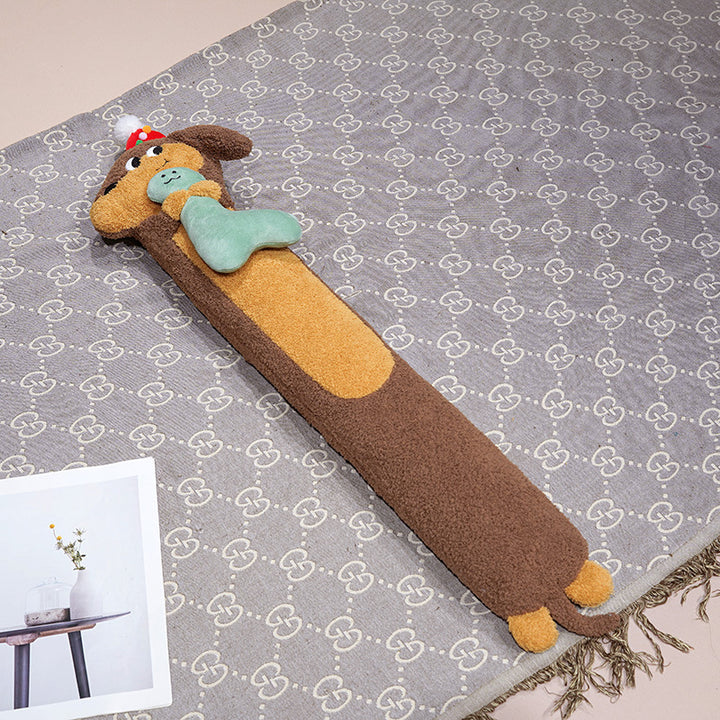 Long narrow-shaped plush cuddle pillow in dachshund design with soft fleece cover