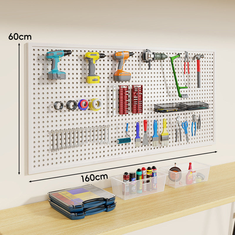 Wall-Mounted Perforated Metal Tool Pegboard Organizer Panel with Modular Hooks and Wire Baskets