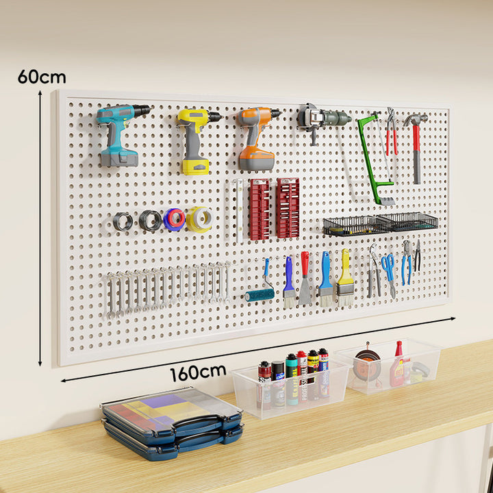Wall-Mounted Perforated Metal Tool Pegboard Organizer Panel with Modular Hooks and Wire Baskets