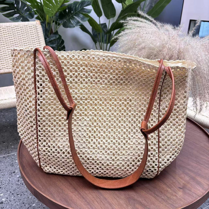 Woven Cotton Handbag with Leather Handles Kalsten