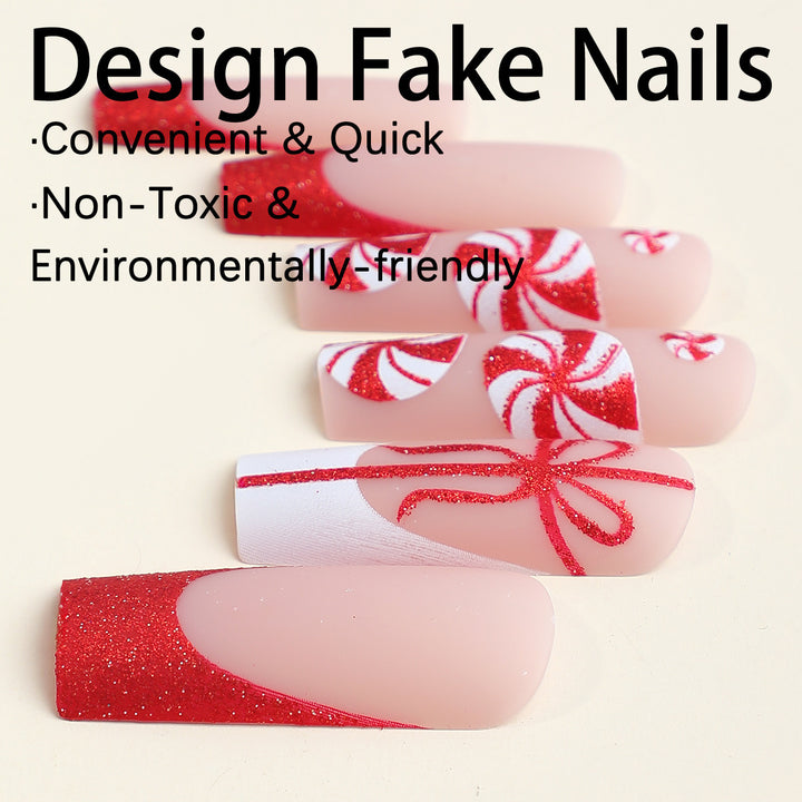 Artificial nail set with festive candy cane design and glitter accents Kalsten