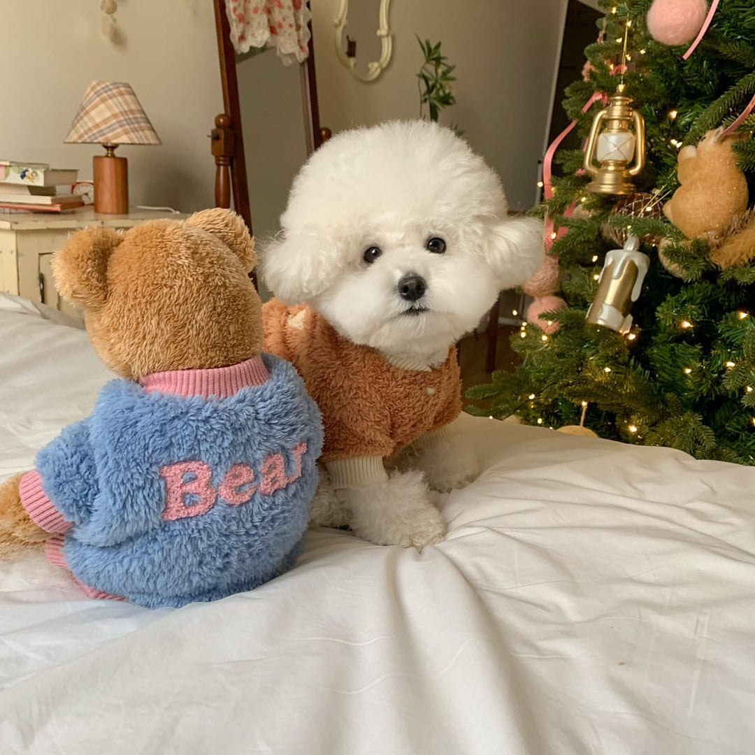 Teddy Plush Pullover Dog Sweater with High-Fit Ribbed Neck and Embroidered Lettering