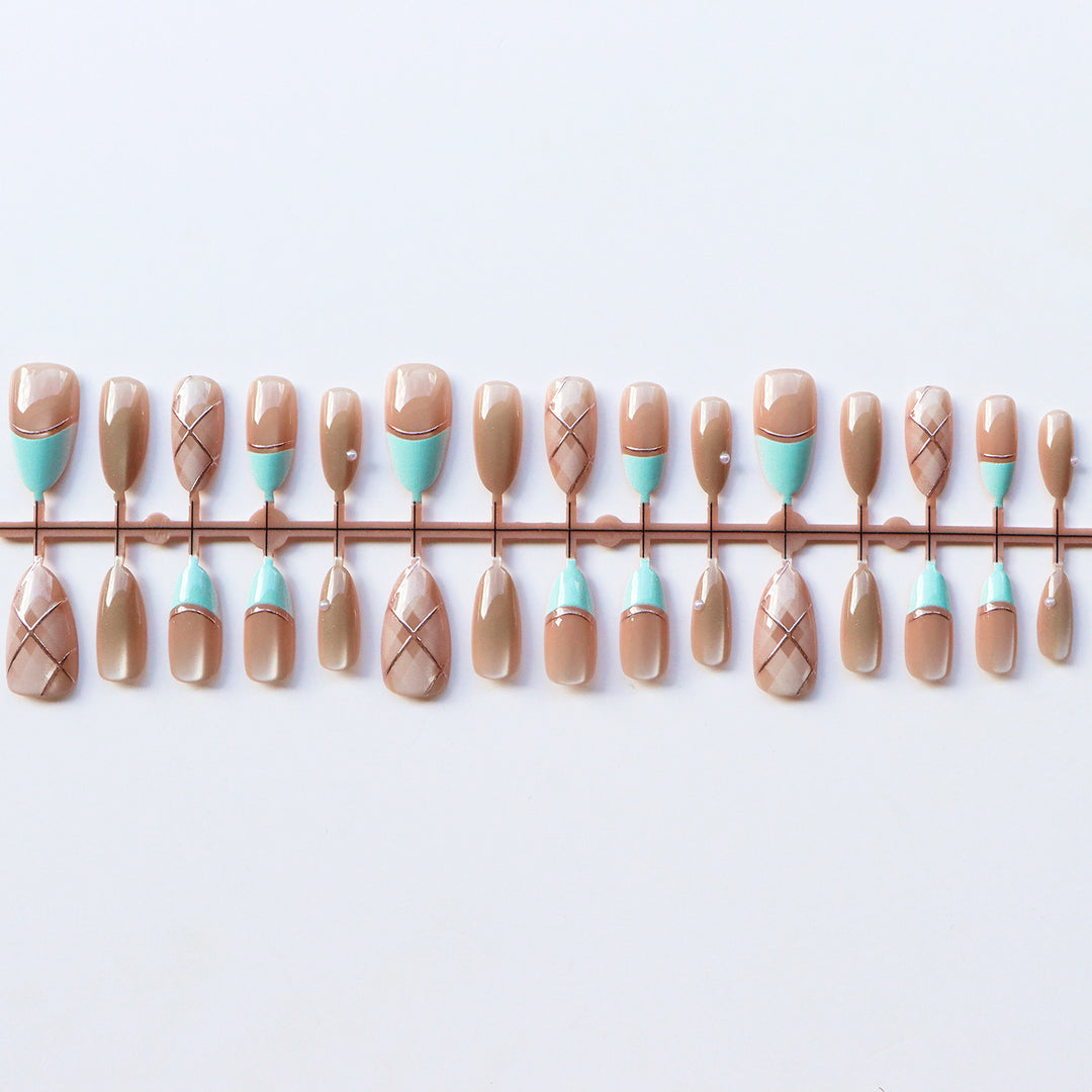 Artistic Press-On Nail Set with Gold Accents