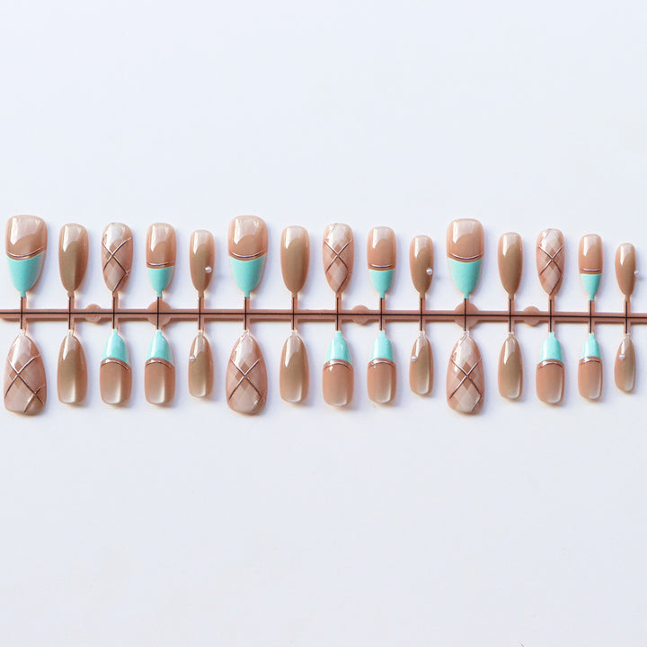 Artistic Press-On Nail Set with Gold Accents
