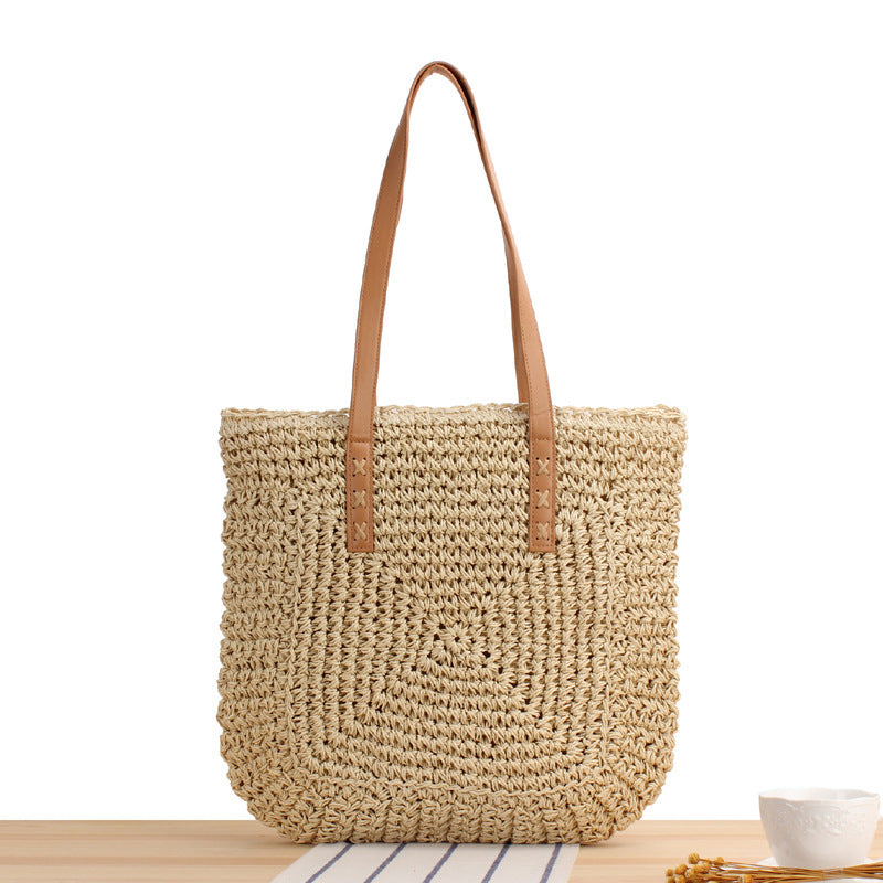 Natural bast shoulder bag with leather handles Kalsten