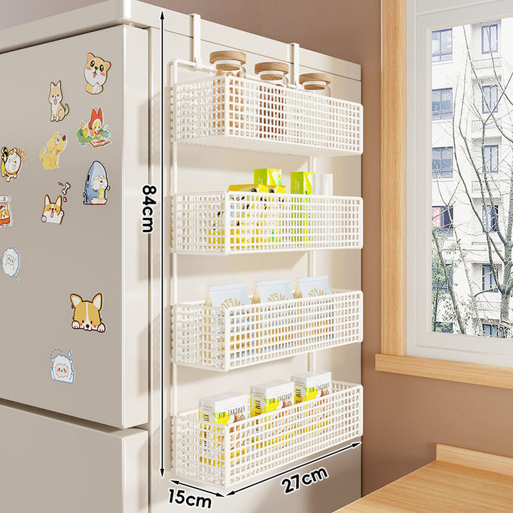 Over-Refrigerator Vertical Hanging Mesh Storage Rack with Deep Baskets and Hook Rail
