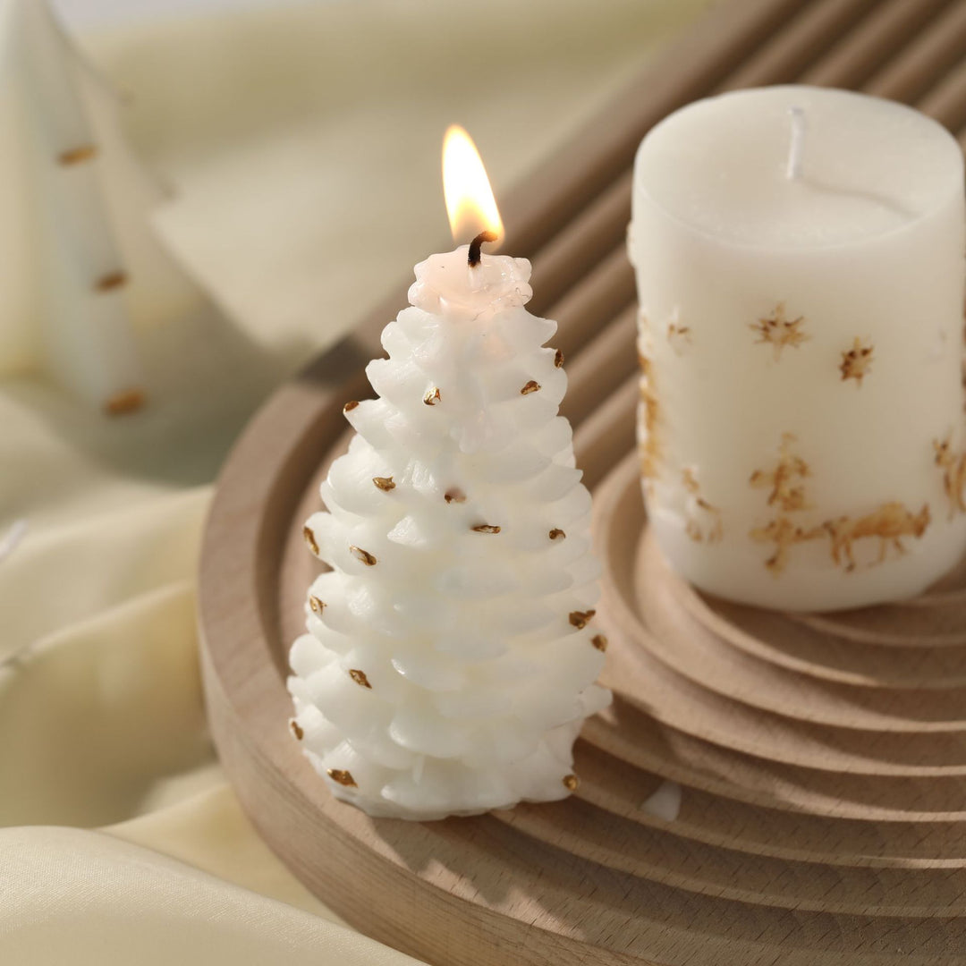 Hand-Poured Sculptural Pine Tree Decorative Soy Candle with Gold Leaf Accents and Cotton Wick