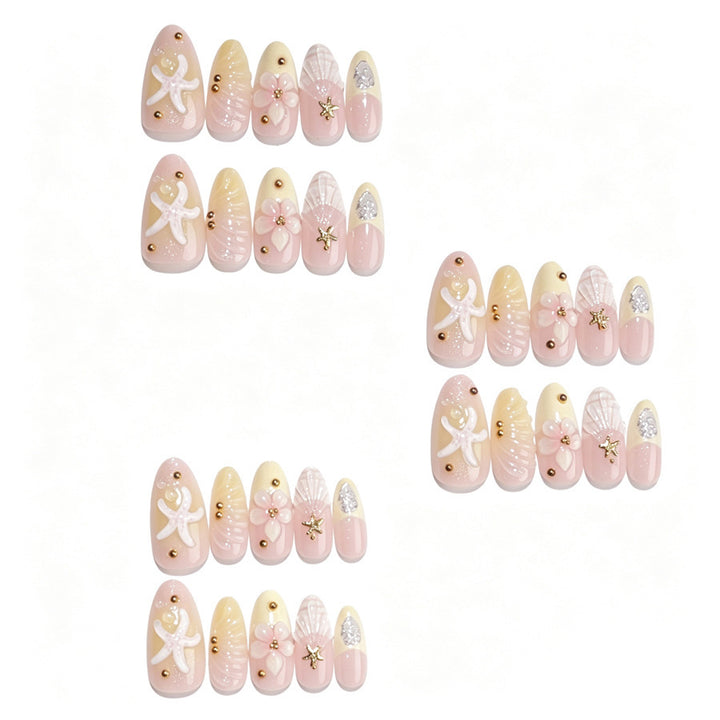 Artificial nail set with floral 3D elements and golden accents Kalsten