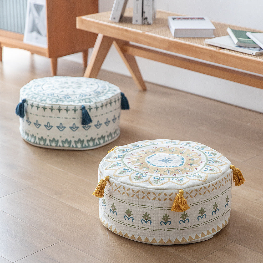 Beef padded seat pouf with ethnic jacquard pattern and sturdy canvas cover